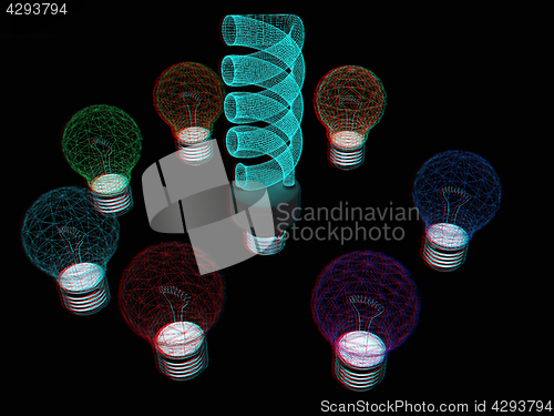 Image of energy-saving lamps. 3D illustration. Anaglyph. View with red/cy