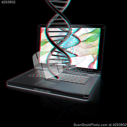 Image of Laptop with dna medical model background on laptop screen. 3d il