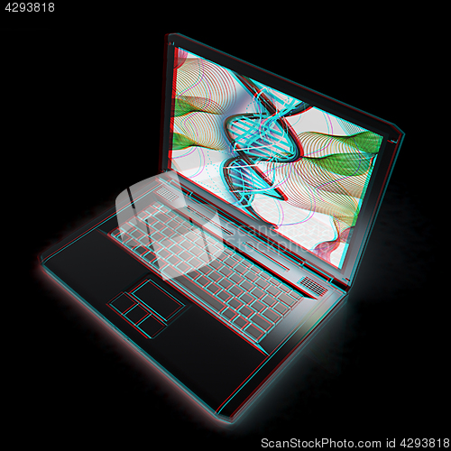 Image of Laptop with dna medical model background on laptop screen. 3d il