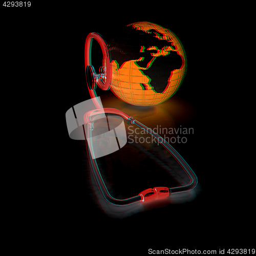 Image of Stethoscope and Earth.3d illustration. Anaglyph. View with red/c