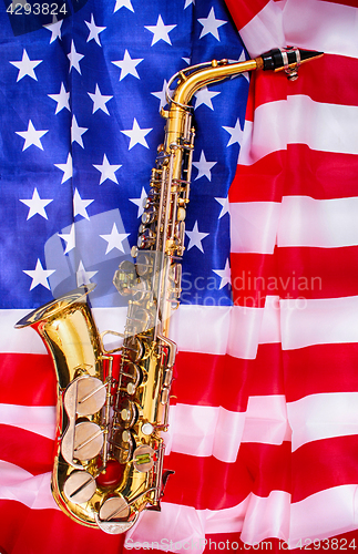 Image of saxophone and USA flag