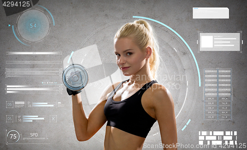 Image of young sporty woman exercising with steel dumbbell