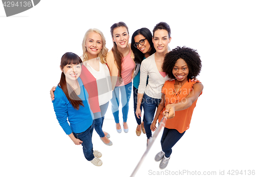 Image of international group of women with selfie stick