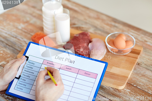 Image of man with food and diet plan at home