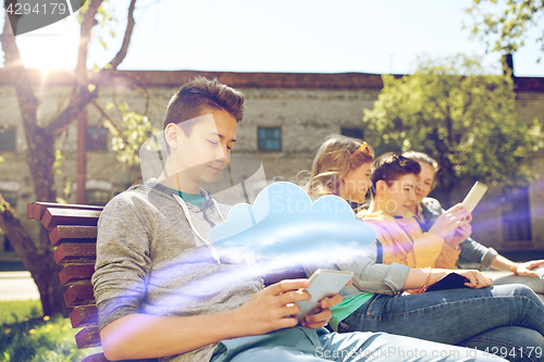 Image of happy friends with tablet pc computer outdoors