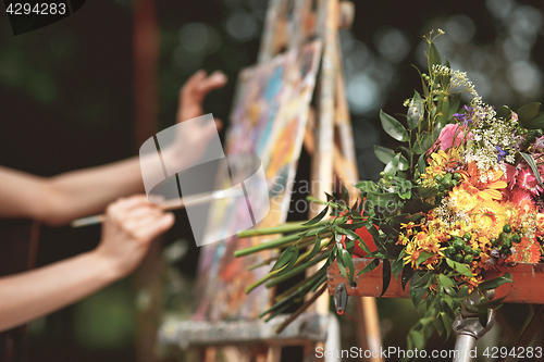 Image of Artist\'s hand close-up on the background of picture