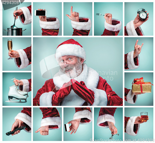 Image of The collage from hand in costume Santa Claus