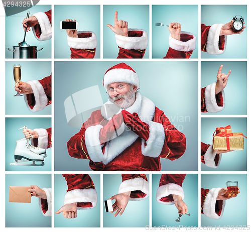 Image of The collage from hand in costume Santa Claus