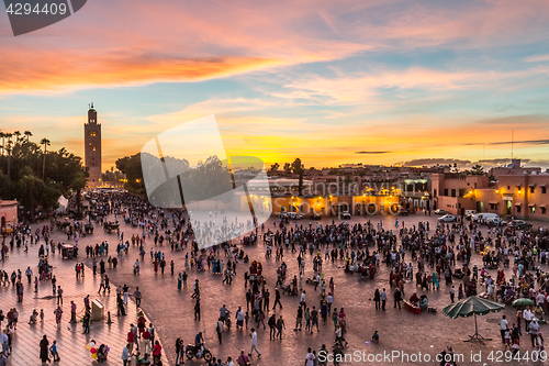 Image of Jamaa el Fna market square in sunset, Marrakesh, Morocco, north Africa.