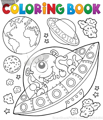 Image of Coloring book flying saucers near Earth