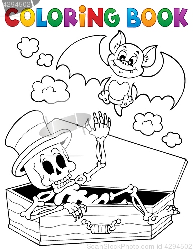 Image of Coloring book skeleton and bat