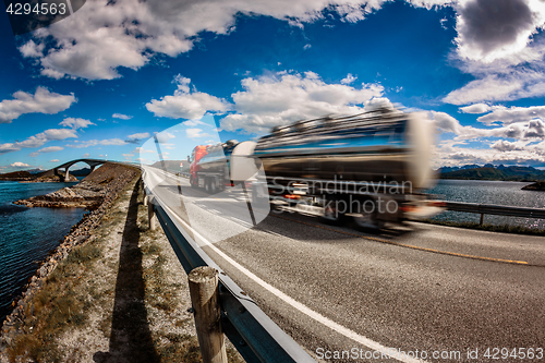 Image of Truck rushes down the highway in the background Atlantic Ocean R