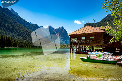 Image of Lake Dobbiaco in the Dolomites, Italy