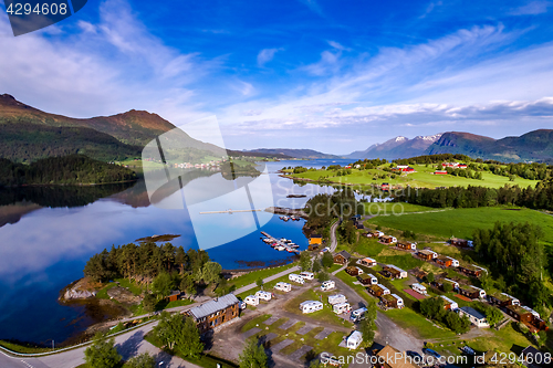 Image of Beautiful Nature Norway Aerial view of the campsite to relax.