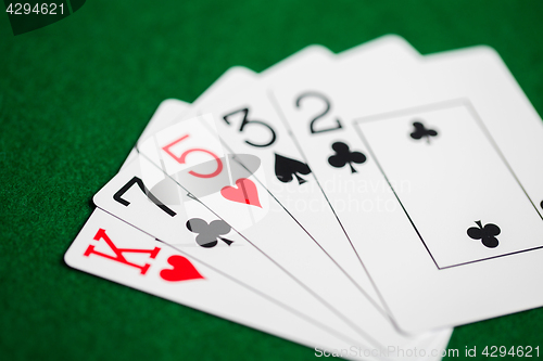 Image of poker hand of playing cards on green casino cloth