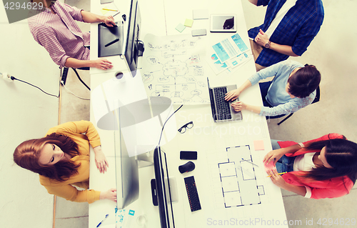 Image of creative team with computers, blueprint at office