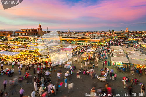 Image of Jamaa el Fna market square in sunset, Marrakesh, Morocco, north Africa.