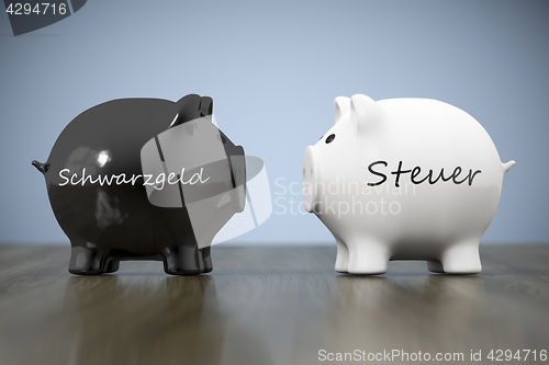 Image of two piggy banks with the words black money and tax in german lan