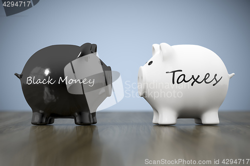 Image of two piggy banks with the words black money and taxes