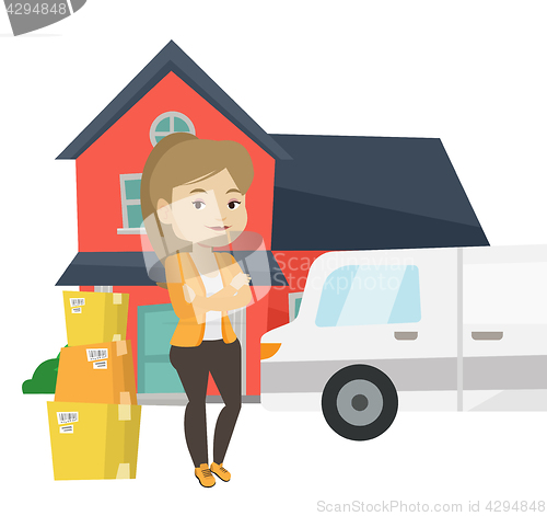 Image of Woman moving to house vector illustration.