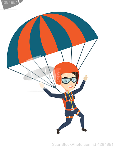 Image of Young happy woman flying with parachute.