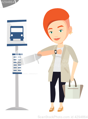 Image of Woman waiting at the bus stop vector illustration.