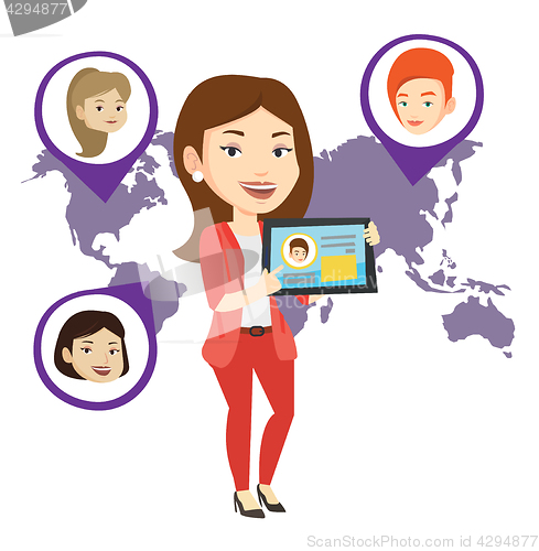 Image of Woman holding tablet with social network.