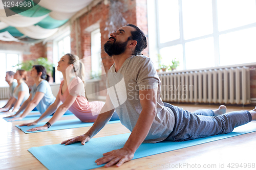 Image of group of people doing yoga cobra pose at studio