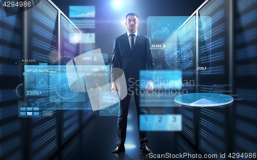 Image of businessman with charts on virtual screen