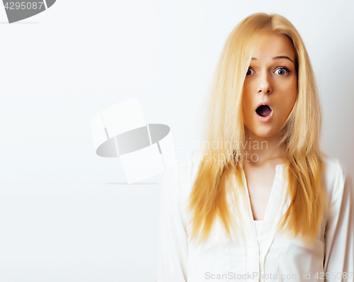 Image of young blond woman on white backgroung gesture thumbs up, isolate