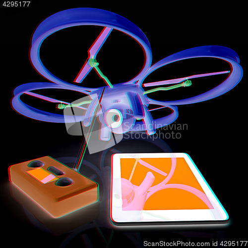 Image of Drone, remote controller and tablet PC. Anaglyph. View with red/