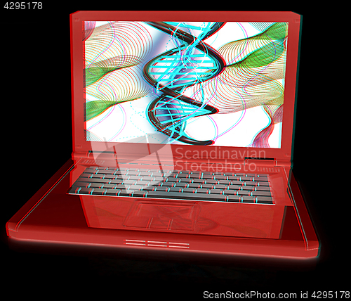 Image of Laptop with dna medical model background on laptop screen. 3d il