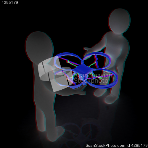 Image of 3d man with drone, quadrocopter, with photo camera. 3d render. 3