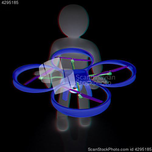 Image of 3d man with drone, quadrocopter, with photo camera. 3d render. 3