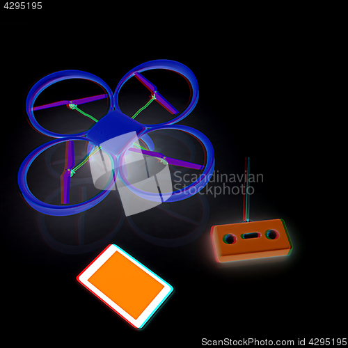 Image of Drone, remote controller and tablet PC. Anaglyph. View with red/