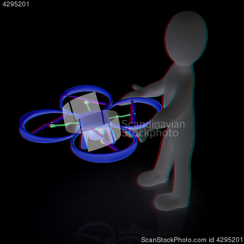 Image of 3d man with drone, quadrocopter, with photo camera. 3d render. 3