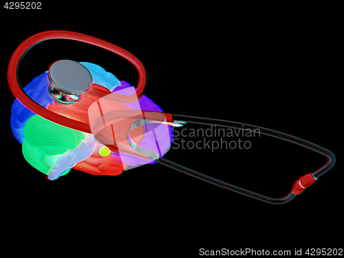 Image of stethoscope and brain. 3d illustration. Anaglyph. View with red/