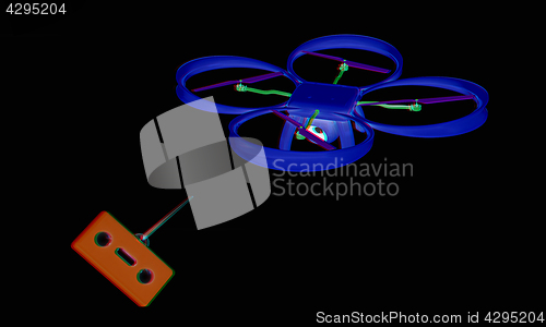 Image of Drone with remote controller. Anaglyph. View with red/cyan glass