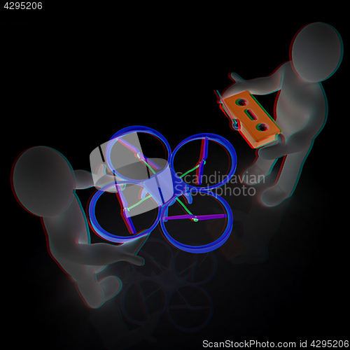 Image of 3d man with drone, quadrocopter, with photo camera. 3d render. 3