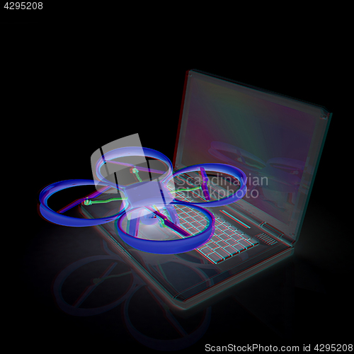 Image of Drone and laptop. 3D render. Anaglyph. View with red/cyan glasse