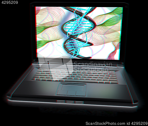 Image of Laptop with dna medical model background on laptop screen. 3d il