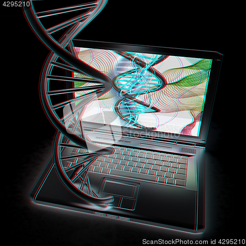 Image of Laptop with dna medical model background on laptop screen. 3d il