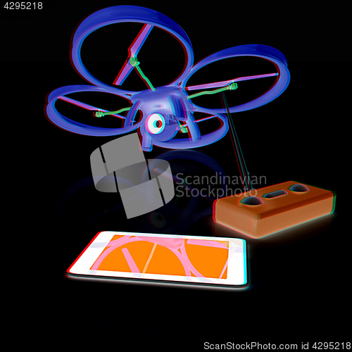 Image of Drone, remote controller and tablet PC. Anaglyph. View with red/