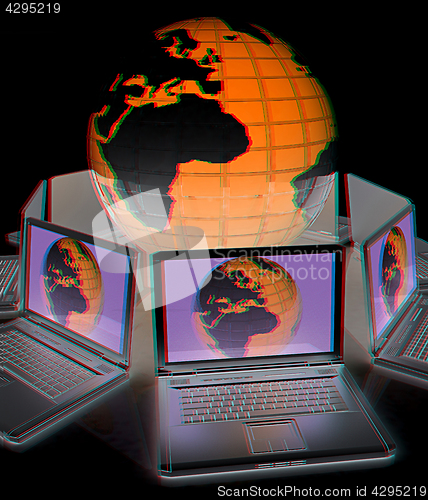 Image of internet, global network, computers around globe. 3d render. Ana