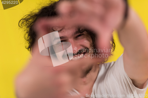 Image of young man with funny hair over color background