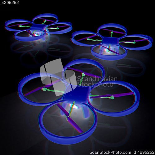 Image of Drone, quadrocopter, with photo camera. 3d render. Anaglyph. Vie