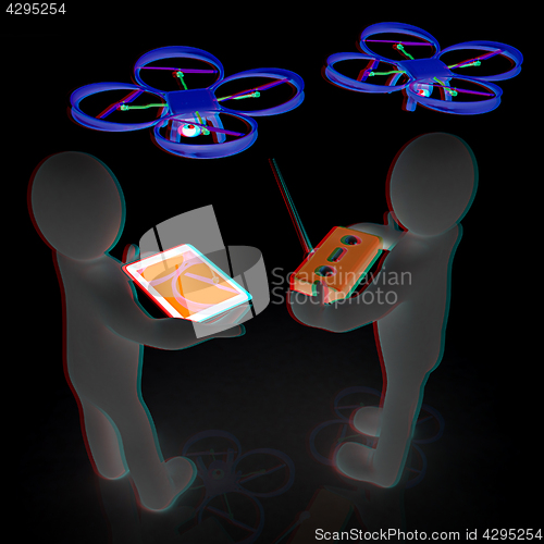 Image of 3d white people. Man flying a white drone with camera. 3D render