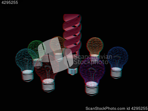 Image of energy-saving lamps. 3D illustration. Anaglyph. View with red/cy