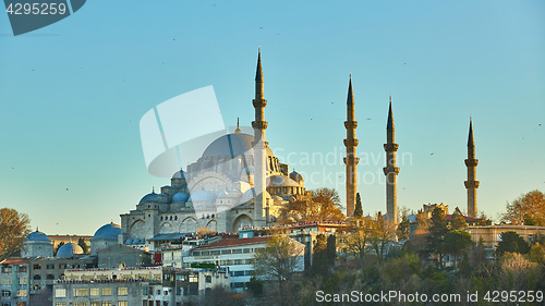 Image of The Suleymaniye Mosque is an Ottoman imperial mosque in Istanbul, Turkey. It is the largest mosque in the city.