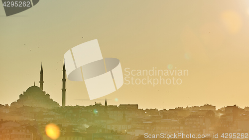 Image of Silhouette of a Mosque Fatih in a fog and sunlight reflections. Vintage style.